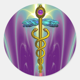 Adesivo Redondo Símbolo médico CADUCEUS ouro Roxo vibrante