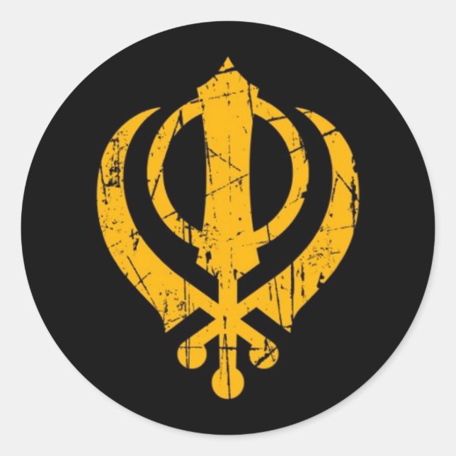 Adesivo Redondo Símbolo Sikh Khanda Amarelo crachado em preto (Frente)