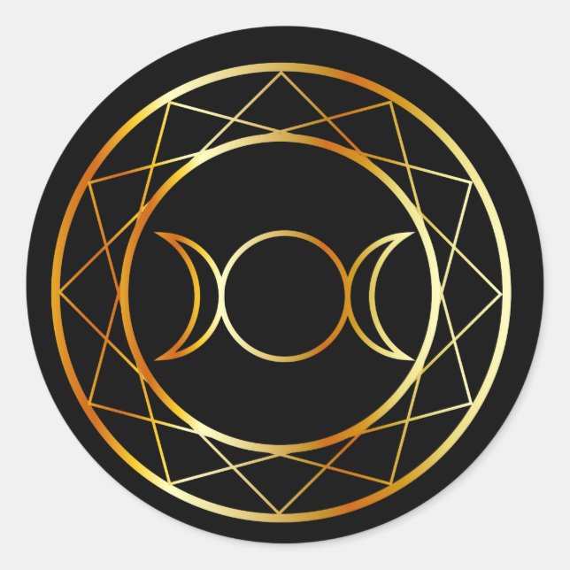 Adesivo Redondo Símbolo Wiccan Dourado Deusa Tripla (Frente)