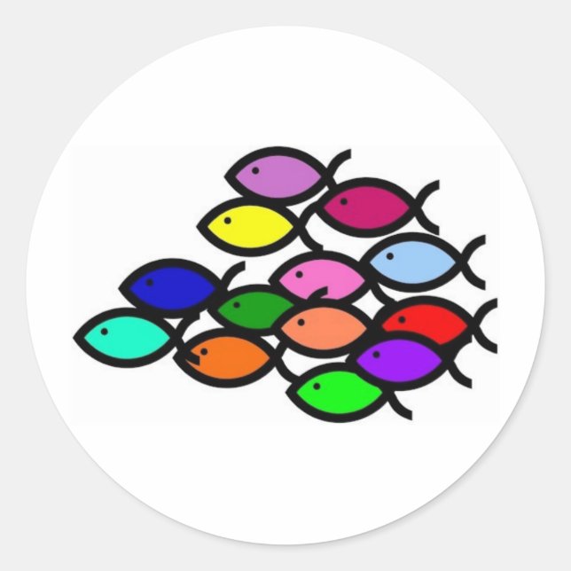 Adesivo Redondo Símbolos de Peixes Cristãos - Escola Arco-Íris - (Frente)