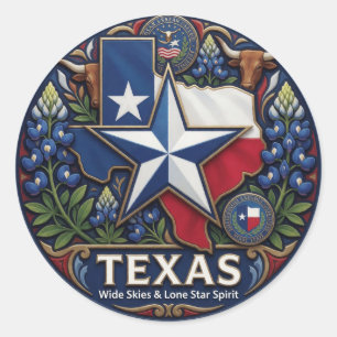 Adesivo Redondo Símbolos do Texas Lone Star e Orgulho do Estado ✦