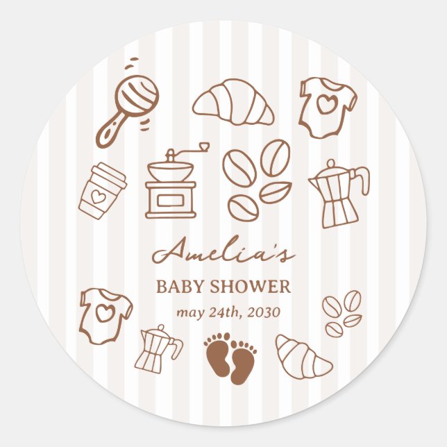 Adesivo Redondo Simple Baby Is Brewing Doodle Coffee Baby Shower (Frente)