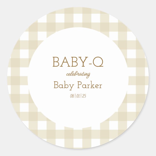 Adesivo Redondo Simple Beige Gingham Baby Shower Sticker (Frente)