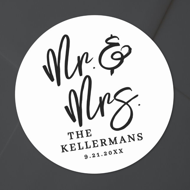 Adesivo Redondo Simple Black White Script Wedding (Simple Black White Script Wedding Classic Round Sticker)