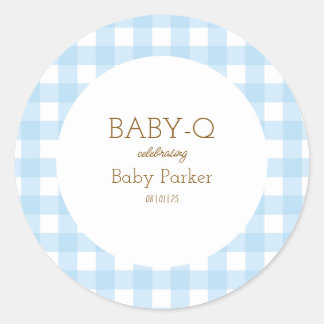Adesivo Redondo Simple Blue Gingham Baby Shower Sticker
