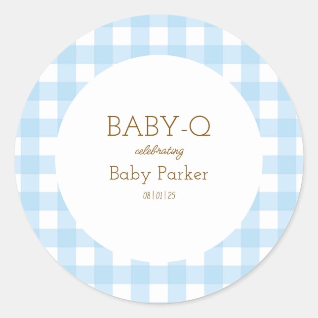 Adesivo Redondo Simple Blue Gingham Baby Shower Sticker (Frente)