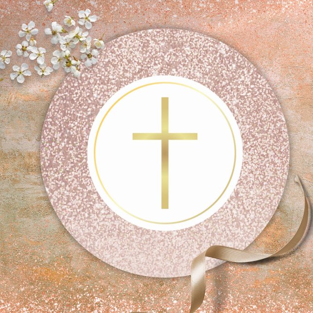 Adesivo Redondo Simple Cruz Dourada com Brilho em Rosa Dourado (Simple Gold Cross Rose Gold Glitter Classic Round Sticker)