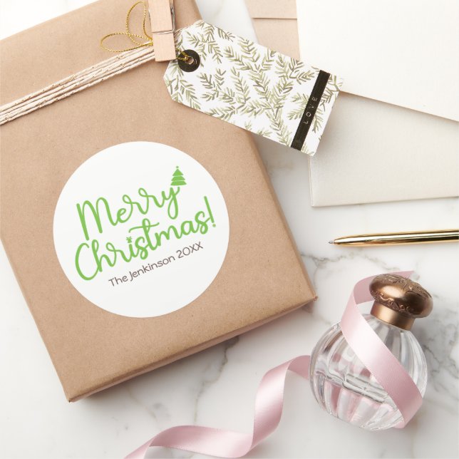 Adesivo Redondo Simple Green Script Feliz Natal em Branco (Presentear)
