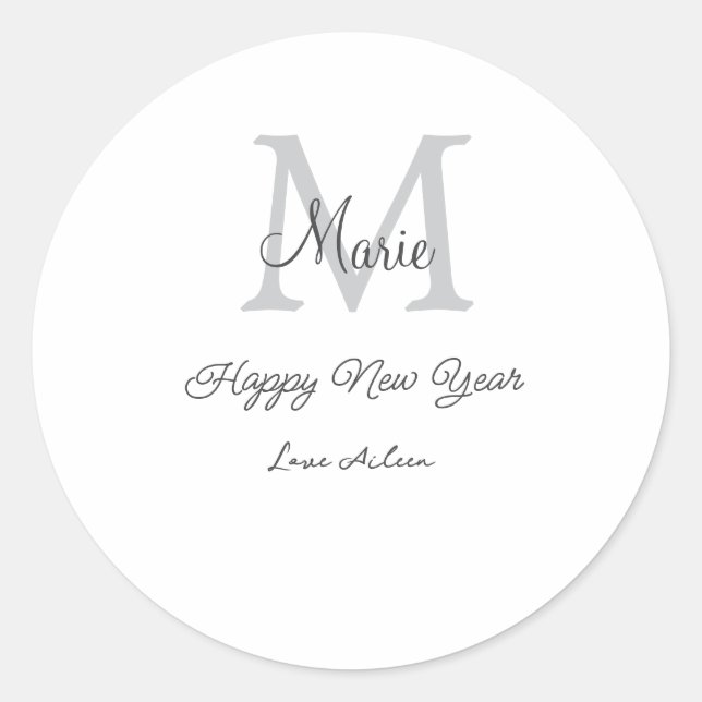 Adesivo Redondo simple minimal happy new year monogram gray name  (Frente)