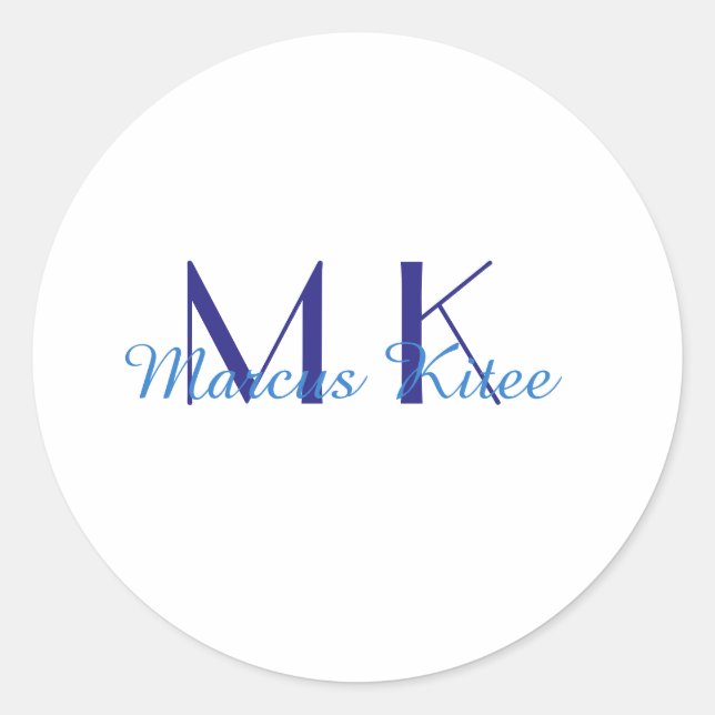 Adesivo Redondo simple minimal monogram personalized name blue ret (Frente)