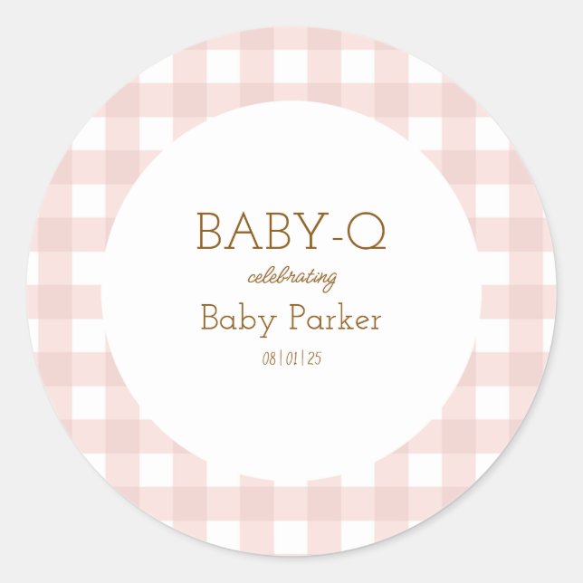 Adesivo Redondo Simple Pink Gingham Baby Shower Sticker (Frente)