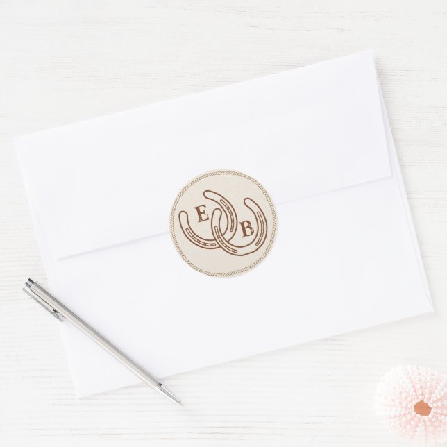Adesivo Redondo Simple Western Horseshoe Wedding Monogram (Envelope)