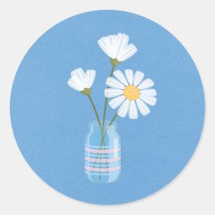 Adesivo Redondo Simple White Daisies Mason Jar em Azul