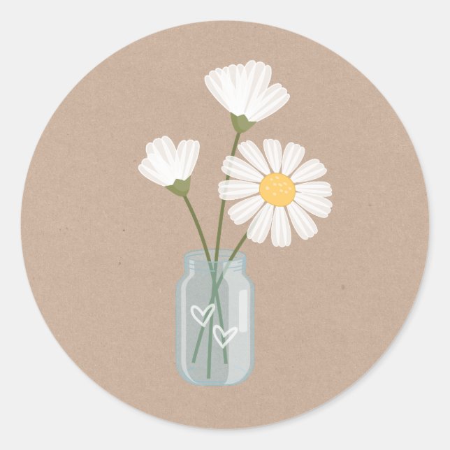 Adesivo Redondo Simple White Daisies Mason Jar Hearts Buquê (Frente)