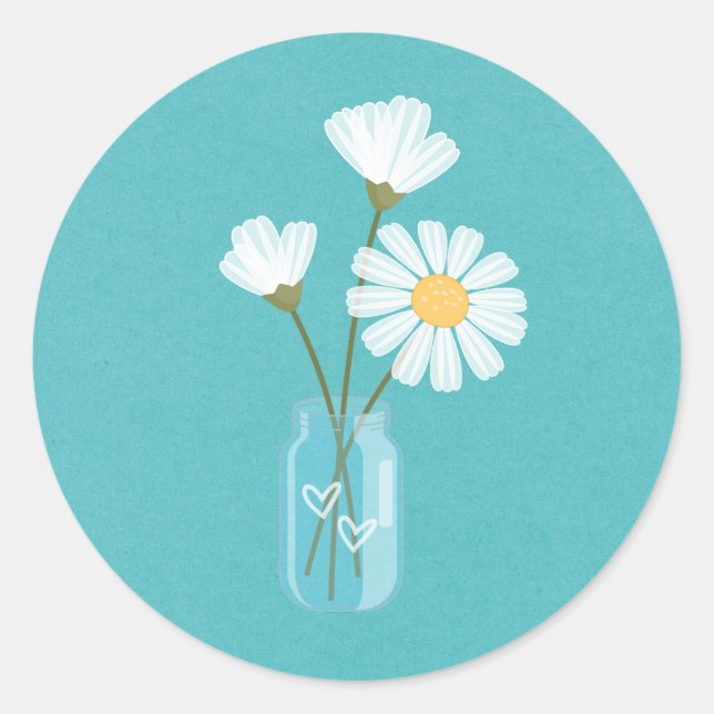 Adesivo Redondo Simple White Daisies Mason Jar Hearts Buquê (Frente)