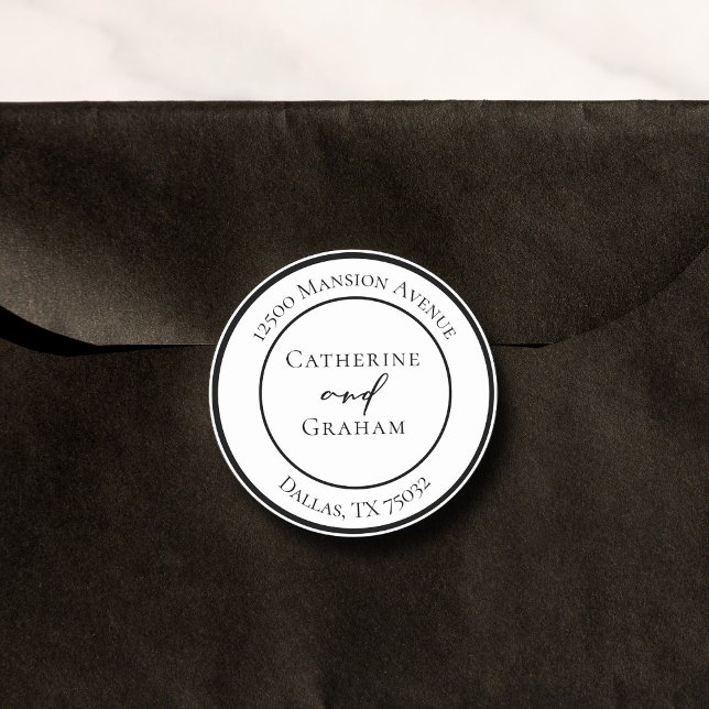 Adesivo Redondo Simples Black White Modern Wedn Return Endereço (Criador carregado)