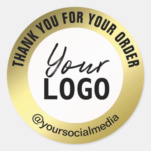 Adesivo Redondo Simples Branco E Dourado Obrigado Parcel (Frente)