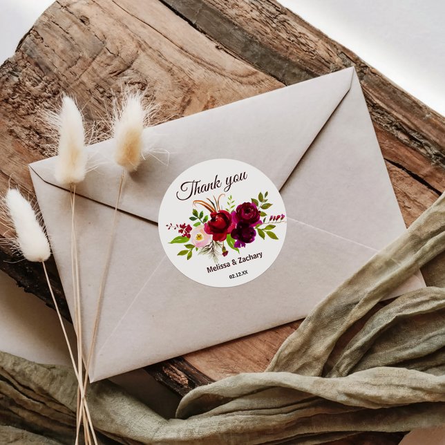 Adesivo Redondo Simples Burgundy Floral Obrigado Por (Criador carregado)