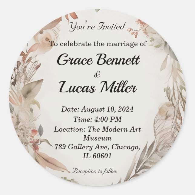 Adesivo Redondo Simples convite para casamento floral pintado (Frente)