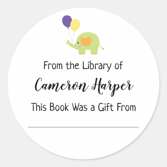 Adesivo Redondo Simples da Biblioteca de Bookplate com Elefante (Frente)