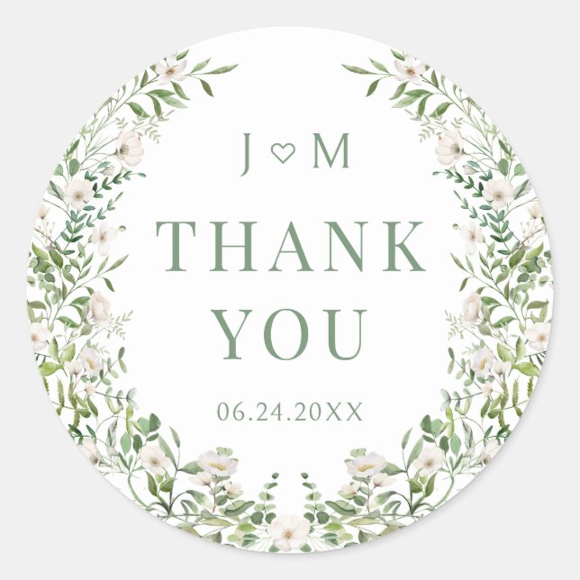 Adesivo Redondo Simples e elegante obrigado de casamento floral (Frente)