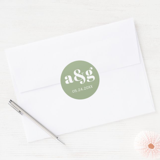 Adesivo Redondo Simples, elegante casamento verde de sábio (Envelope)