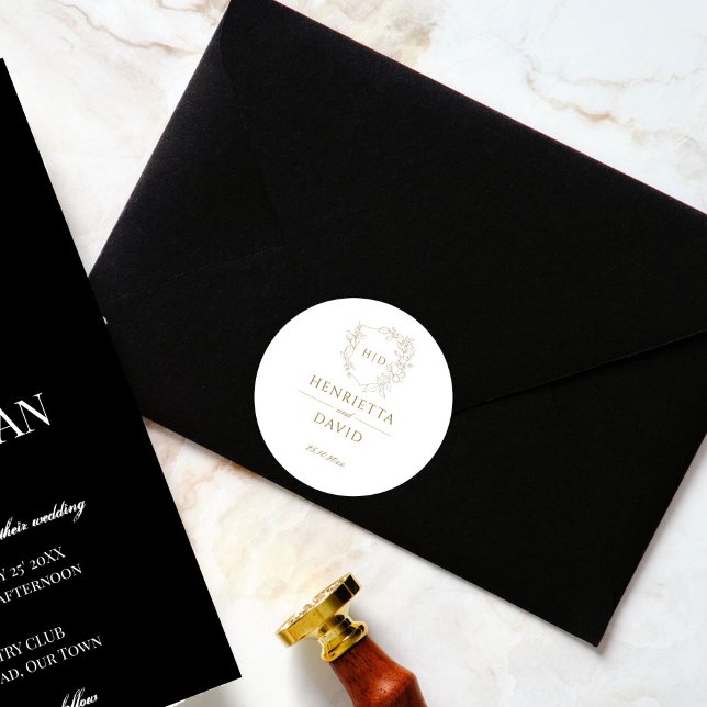 Adesivo Redondo Simples elegante da crista de casamentos (Wedding crest monogram botanical gold simple elegant wedding sticker bride and groom names)