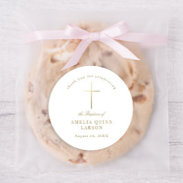 Adesivo Redondo Simples Elegante, Dourado Natal De Batismo Cruzado