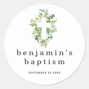Adesivo Redondo Simples Eucalipto Deixa Nome Cruzado Data Batismo