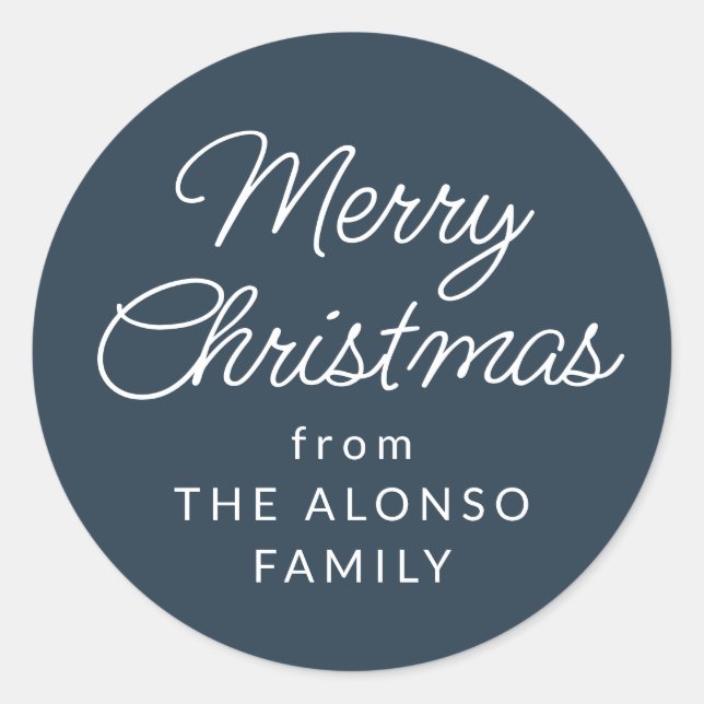 Adesivo Redondo Simples Feliz Natal do presente de Natal azul mari (Frente)