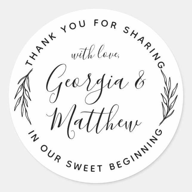 Adesivo Redondo Simples Folhas Nomes De Script Ao Redor Do Casamen (Frente)