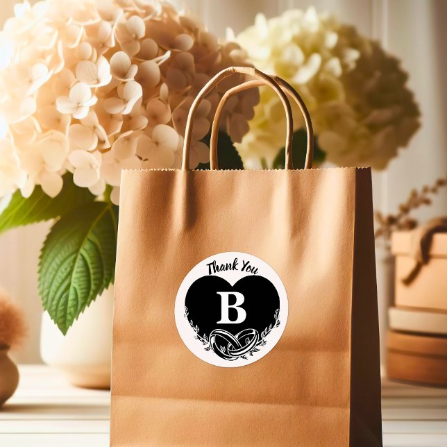 Adesivo Redondo Simples Letra B Folhagem Coração - Obrigado (Simple Letter B Heart Foliage Wedding Thank You Classic Round Sticker)