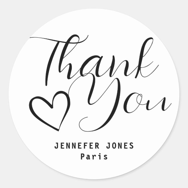 Adesivo Redondo Simples Mínimo Coração de Caligrafia Branca Preta (Frente)