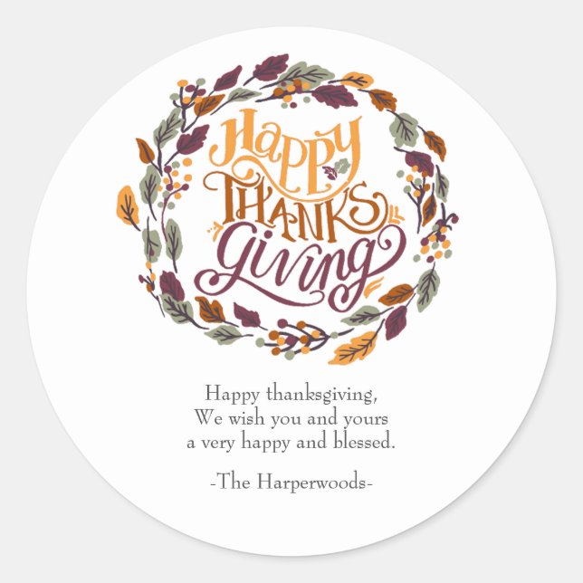 Adesivo Redondo Simples Moderno Feliz Família de Ação de Graças (Frente)