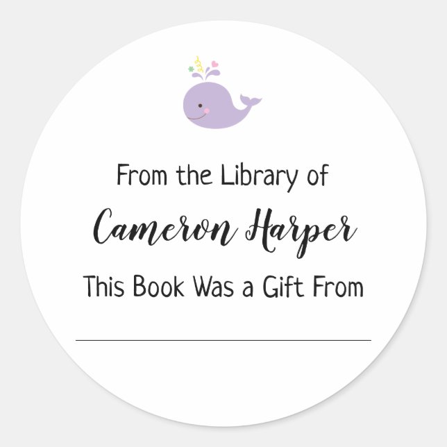 Adesivo Redondo Simples na Biblioteca do Livreto, Baleia Roxa (Frente)