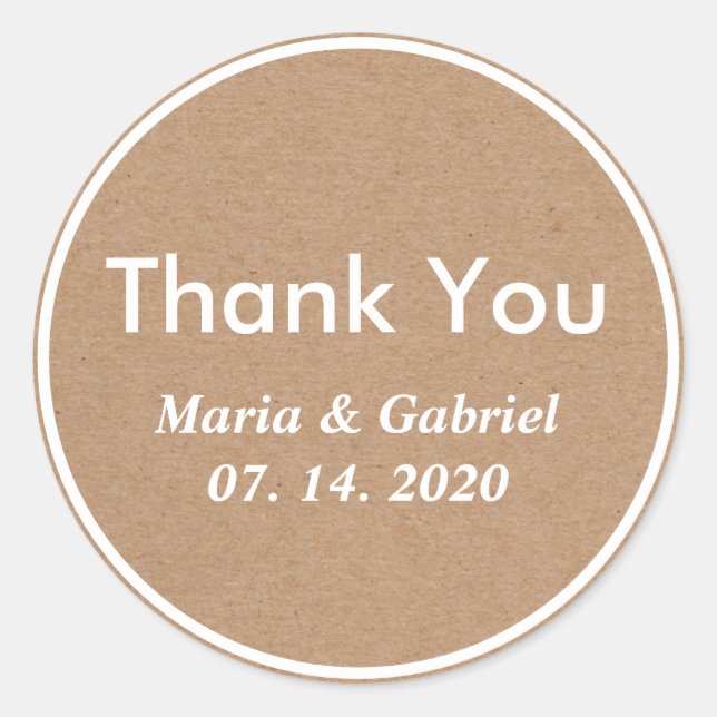 Adesivo Redondo Simples Na moda Rustic Kraft. Casamento Obrigado (Frente)