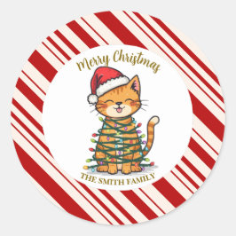 Adesivo Redondo Simples padrão moderno de natal alegre gatinho Cat