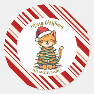 Adesivo Redondo Simples padrão moderno de natal alegre gatinho Cat