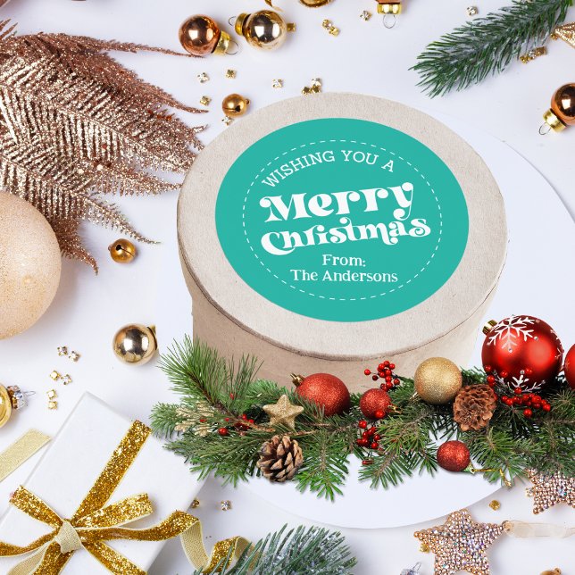 Adesivo Redondo Simples Retro Teal Natal Grande (Merry Christmas Retro Font Packaging Sticker in Teal)