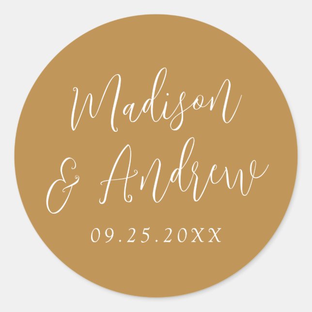 Adesivo Redondo Simples Script Personalizado Casamento Ochre (Frente)