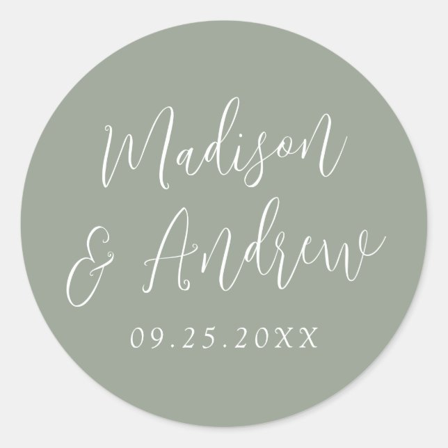Adesivo Redondo Simples Script Personalizado Sage Green Casamento (Frente)