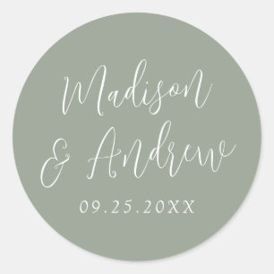 Adesivo Redondo Simples Script Personalizado Sage Green Casamento