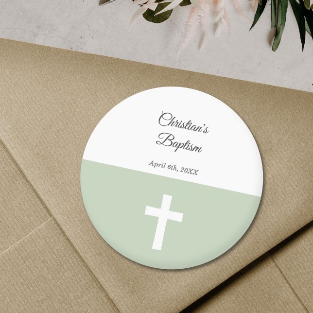 Adesivo Redondo Simples, Verde com Batismo Cruzado (Green with a Cross Baptism Sticker)