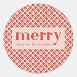 Adesivo Redondo Simples Verificações de Xadrez de Natal Vermelho e