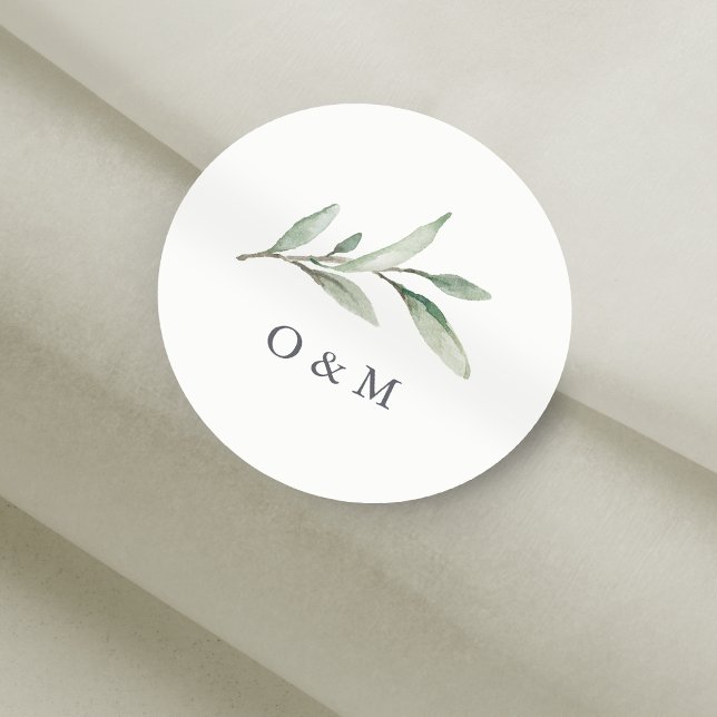 Adesivo Redondo Simples Watercolor Monograma verde (Simple Watercolor Greenery monogram Classic Round Sticker)