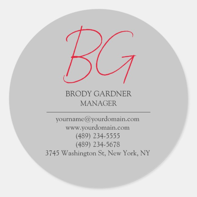 Adesivo Redondo Sinais de monograma vermelho de cinza simples mode (Frente)