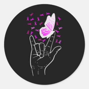 Adesivo Redondo Sinal de Amor Borboleta Cancer de Mama Consciência