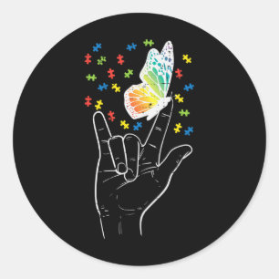 Adesivo Redondo Sinal de Amor em ASL Borboleta Puzzle Conscientiza