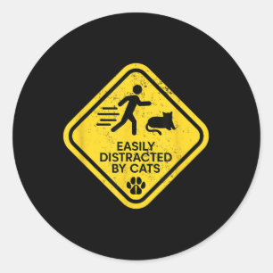 Adesivo Redondo Sinal De Aviso Facilmente Distraído Por Gatos Engr
