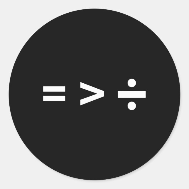 Adesivo Redondo Sinal de Matemática Igual Maior Que Sinal de Divis (Frente)